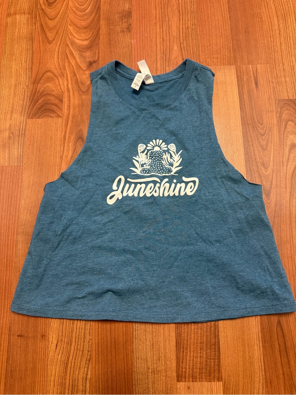 Sunset Graphic Crop Tank — Teal with White Juneshine Logo